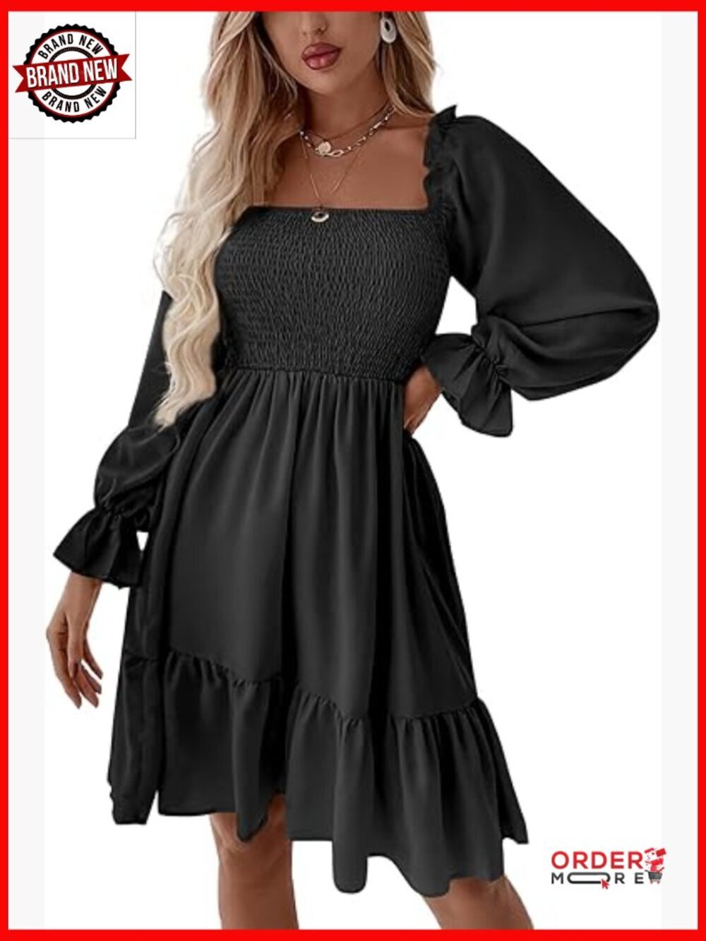 Women's Square Neck Lantern Sleeve Shirred Ruffle Swing Party Mini Dress